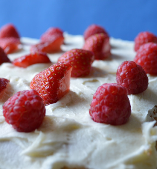 Raspberries and Strawberries on a cake