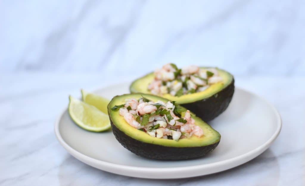 prawn ceviche in an avocado